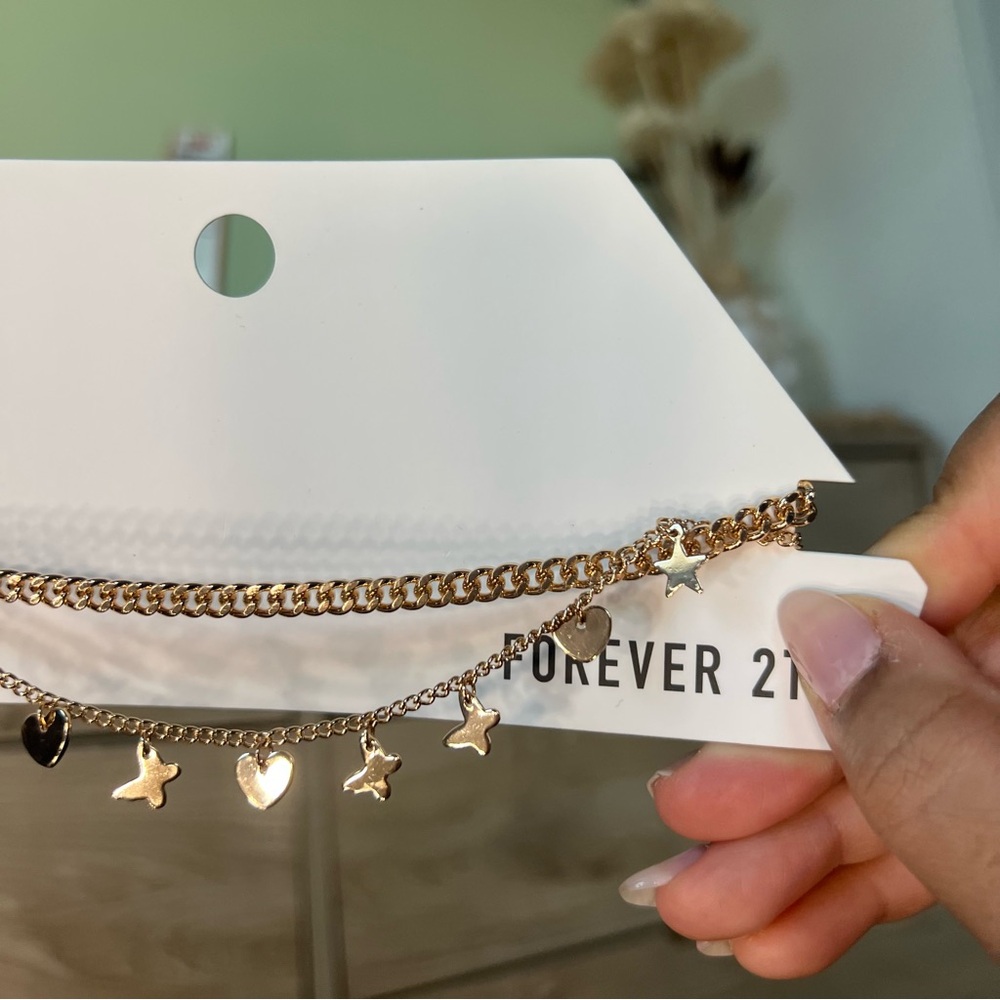 FOREVER21 Gold Dainty Delicate Charms & Chain Layered Choker Adjustable Necklace